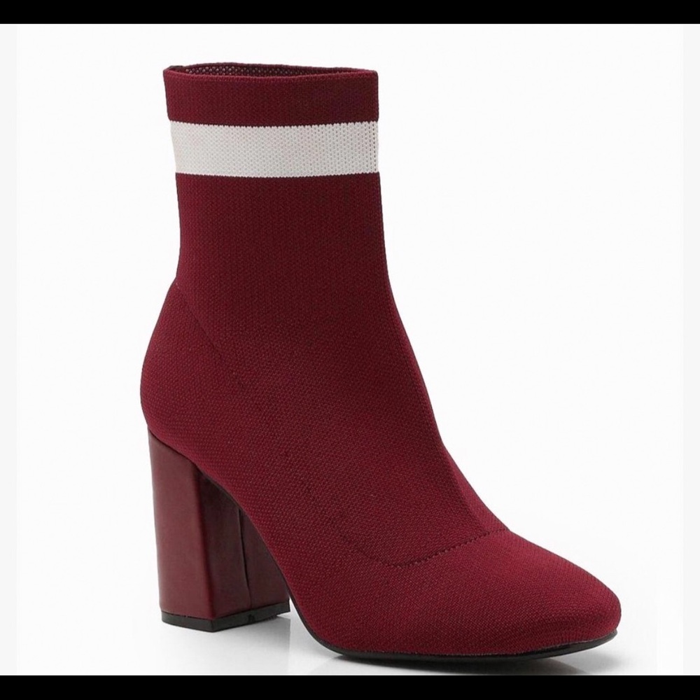 Burgundy Knitted Block Heel Sock Boots